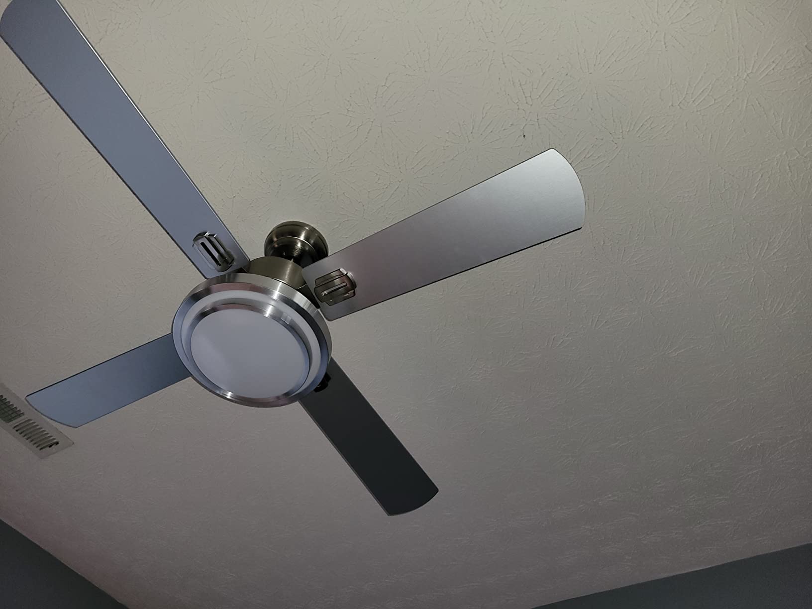 Warmiplanet brushed nickel ceiling fan installed in Stephanie J home