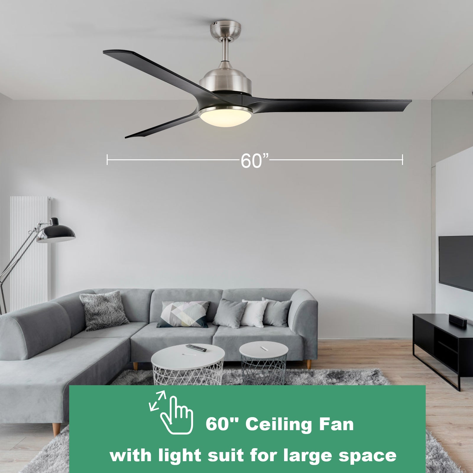 Ceiling Fan with Lights Remote Control, 60-Inch, Brushed Nickel(3 Blades), Dimmable LED Light