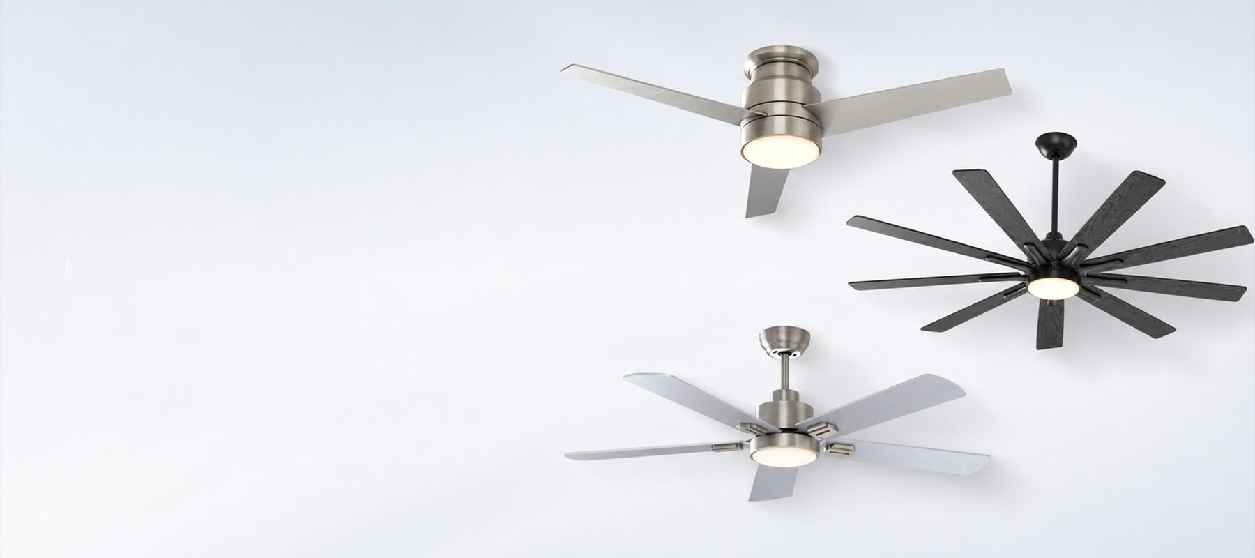Three modern ceiling fans with lights in brushed nickel and black finishes