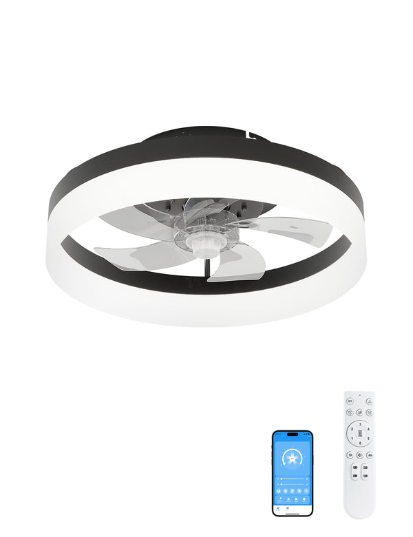 Flush Mount Modern Ceiling Fan with Lights Remote, 6 Speed Low Profile Ceiling Fan, 20-Inch, Black(5-Blades) for Living Room,Bedroom,Kids Room,Small Room