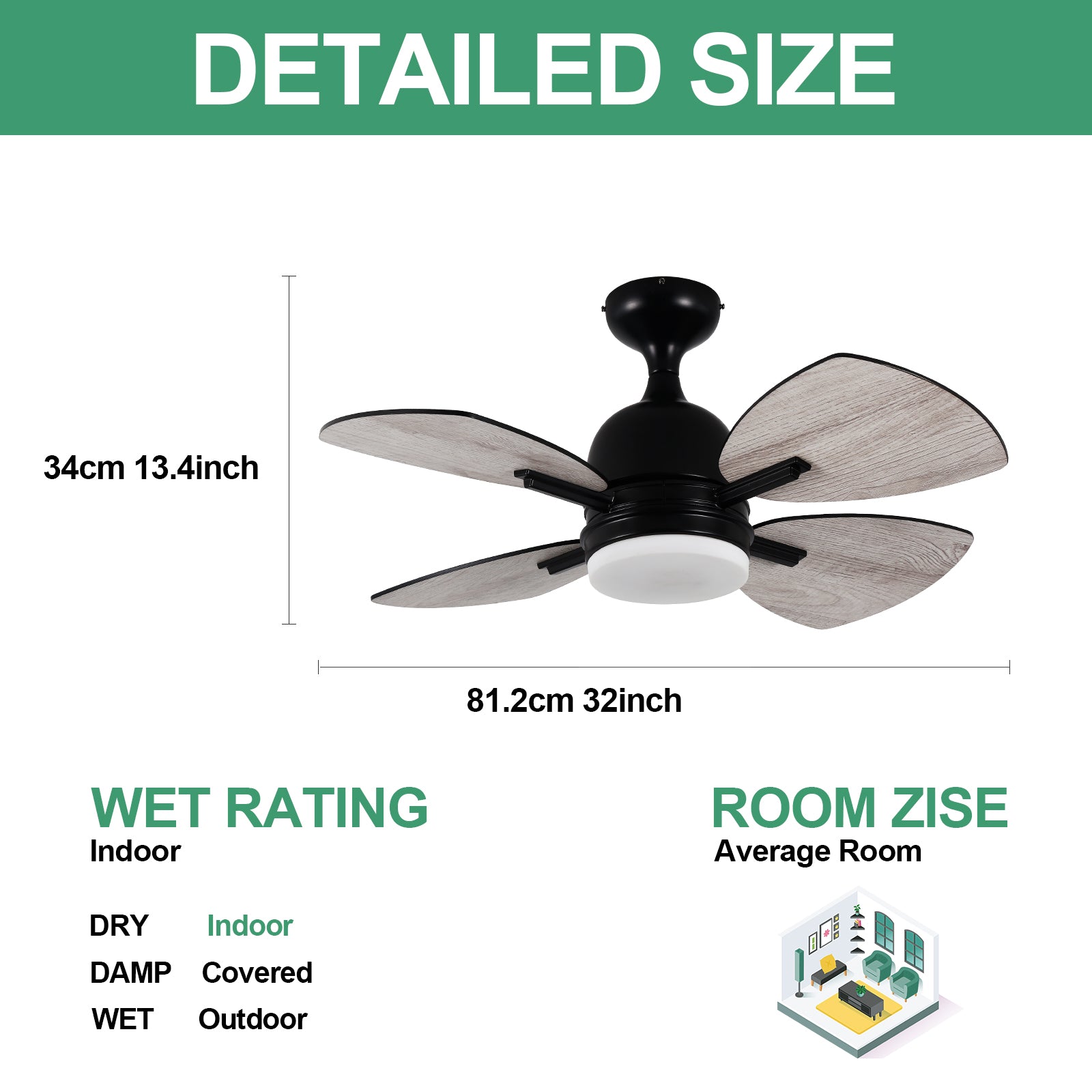 Ceiling Fan with Lights Remote Control, 32-Inch, Black(4 Blades), Dimmable LED Light