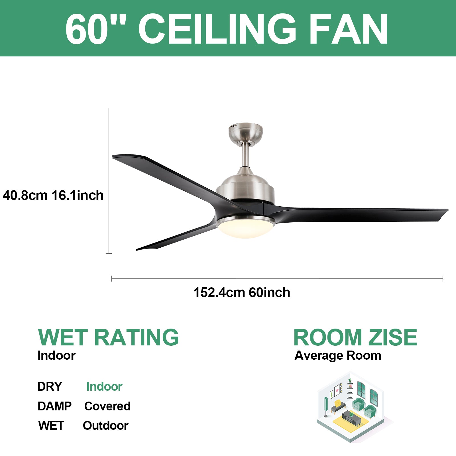 Ceiling Fan with Lights Remote Control, 60-Inch, Brushed Nickel(3 Blades), Dimmable LED Light