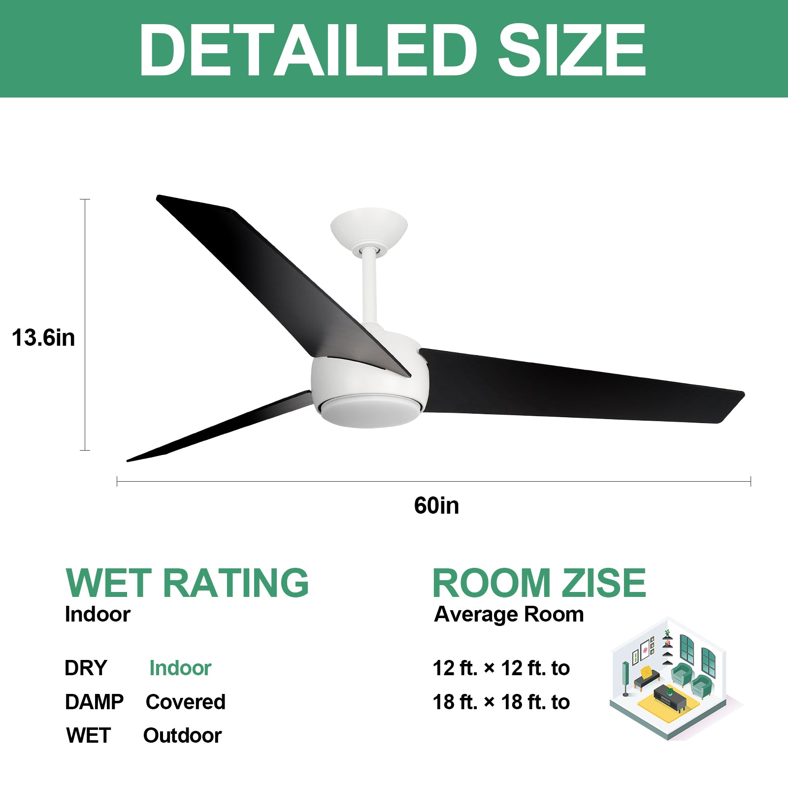 Ceiling Fan with Lights Remote Control, 60-Inch, DC Motor,6 Speed, Frosted Glass (3 Blades), Dimmable LED Light