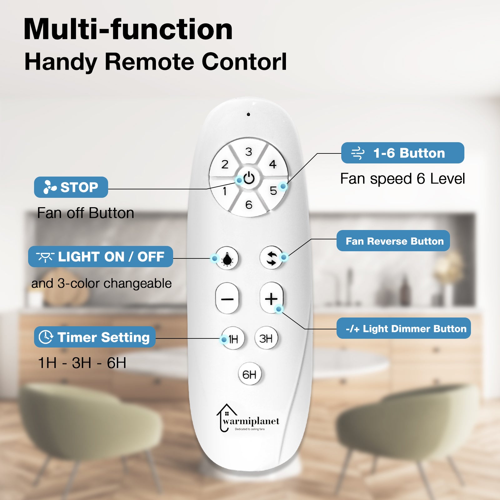 warmiplanet Ceiling Fan with Lights Remote Control, 62 Inch, DC Motor, 8 Blades (Nickel)