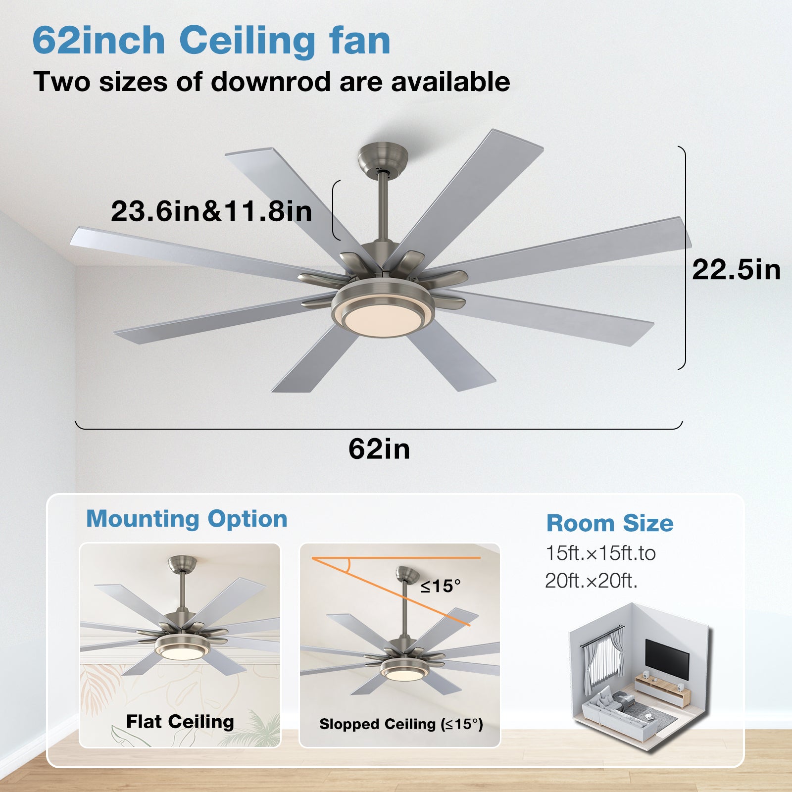 warmiplanet Ceiling Fan with Lights Remote Control, 62 Inch, DC Motor, 8 Blades (Nickel)