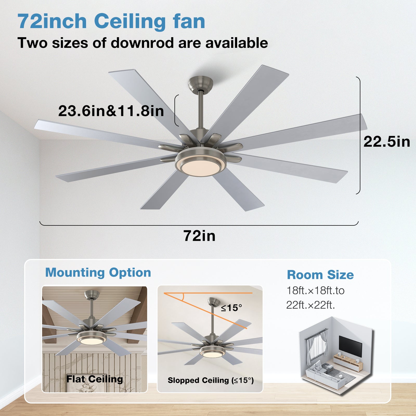 warmiplanet Ceiling Fan with Lights Remote Control, 72 Inch, DC Motor, 8 Blades (Nickel)