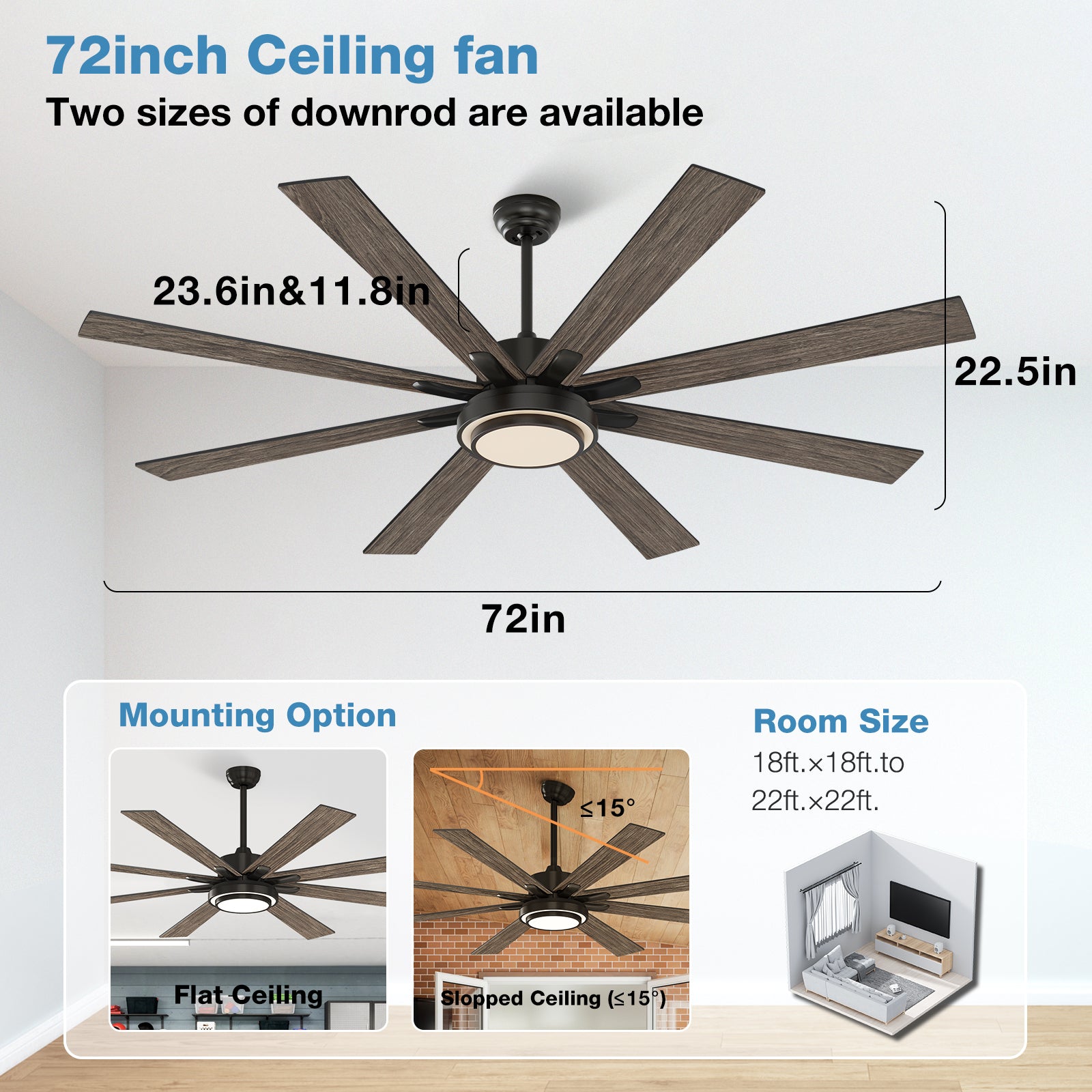 warmiplanet Ceiling Fan with Lights Remote Control, 72 Inch, DC Motor, 8 Blades (Black)