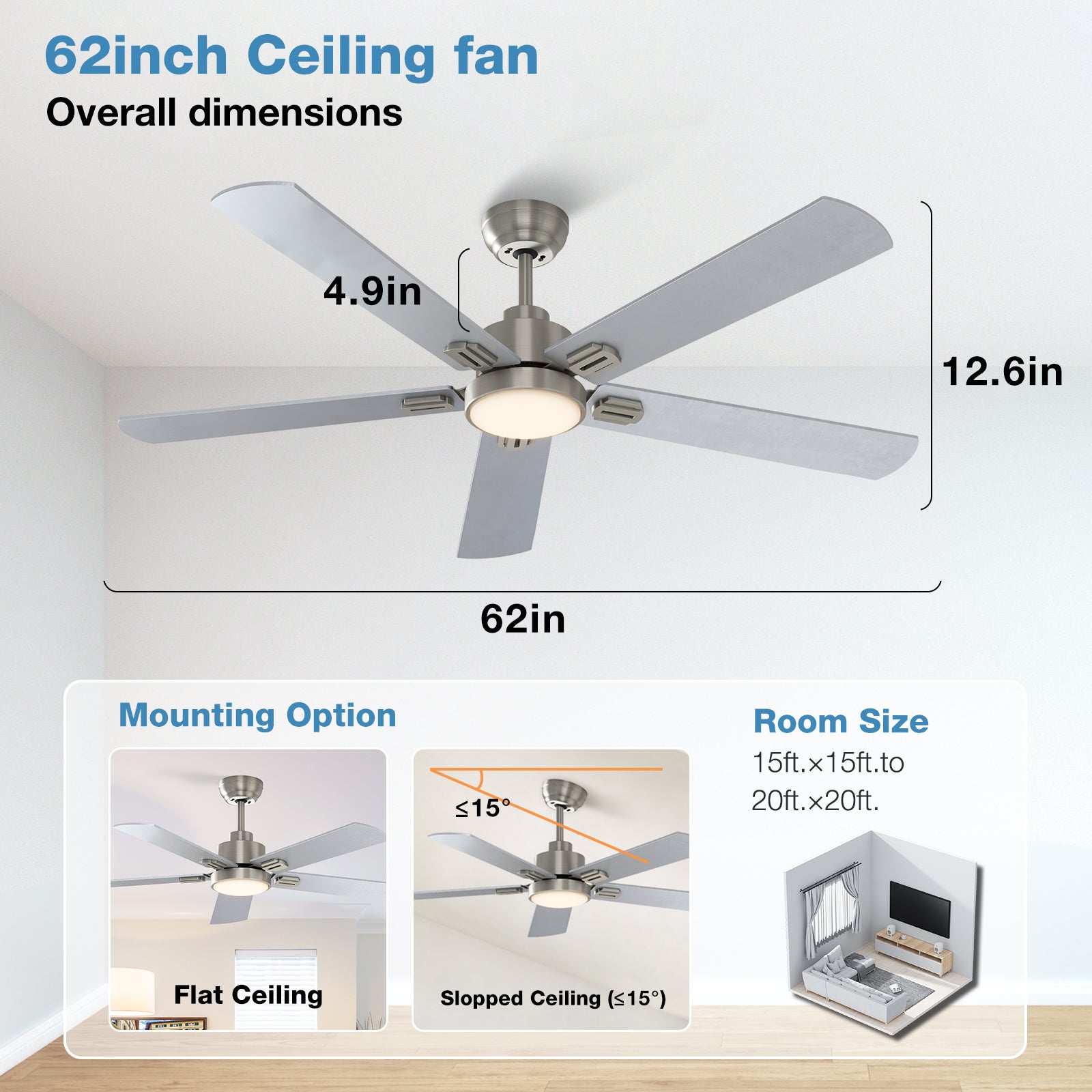 warmiplanet 62 Inch Indoor Ceiling Fans with Lights and Remote Control, DC Slient Motor, Dimmable, Reversible, Timmer, 3 CCT, Brushed Nickel