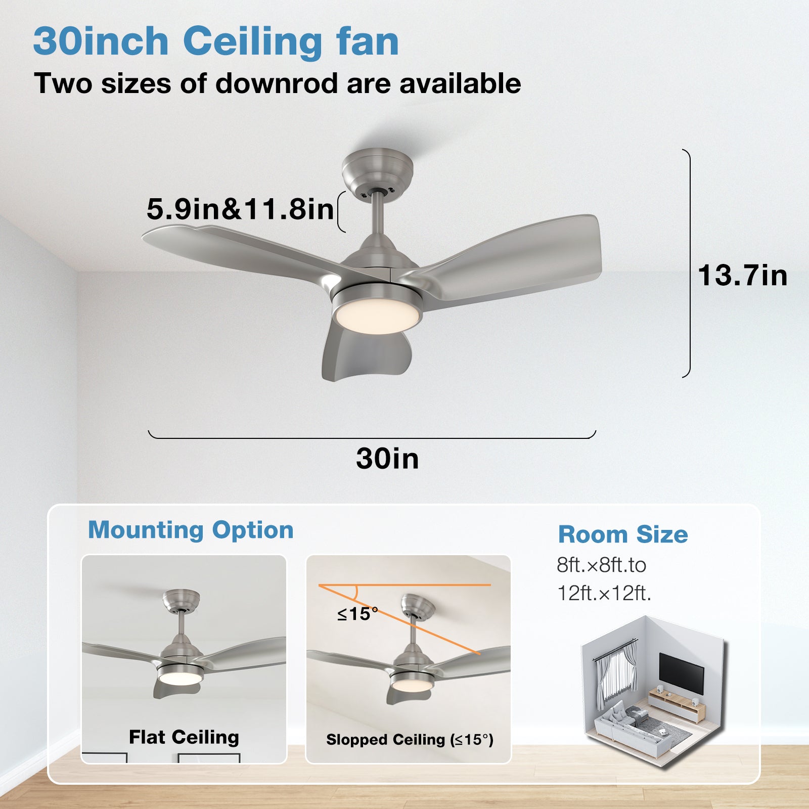 warmiplanet Ceiling Fan with Lights Remote Control, 30-Inch, Nickel, 3 Blades