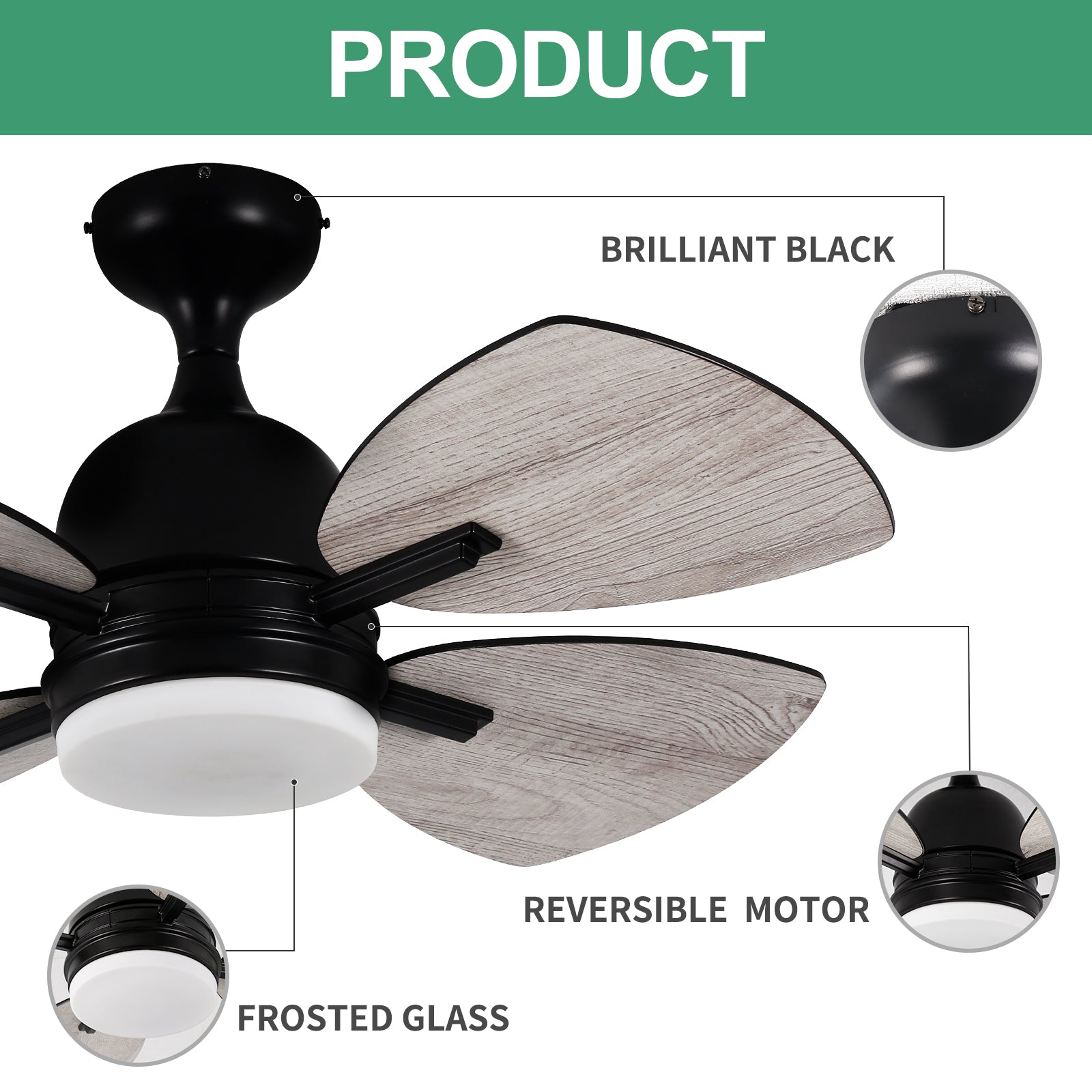 Ceiling Fan with Lights Remote Control, 32-Inch, Black(4 Blades), Dimmable LED Light