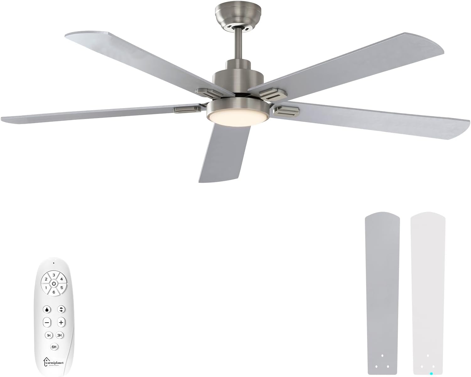 warmiplanet 62 Inch Indoor Ceiling Fans with Lights and Remote Control, DC Slient Motor, Dimmable, Reversible, Timmer, 3 CCT, Brushed Nickel