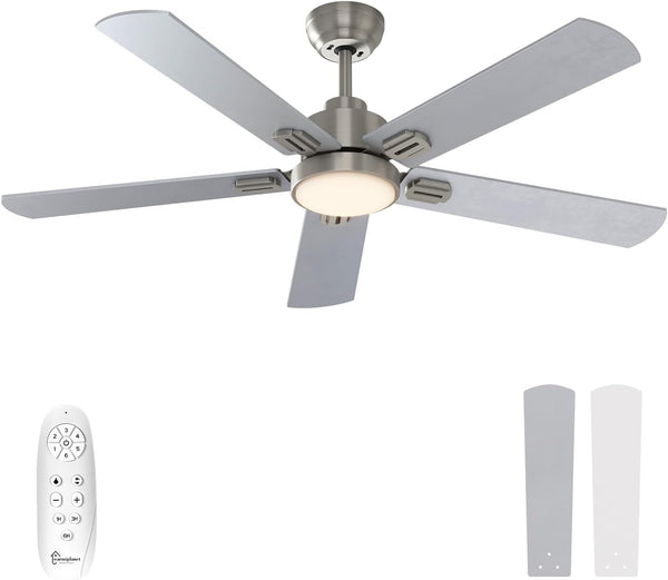 warmiplanet 52 Inch Indoor Ceiling Fans with Lights and Remote Control, DC Slient Motor, Dimmable, Reversible, Timmer, 3 CCT, Brushed Nickel