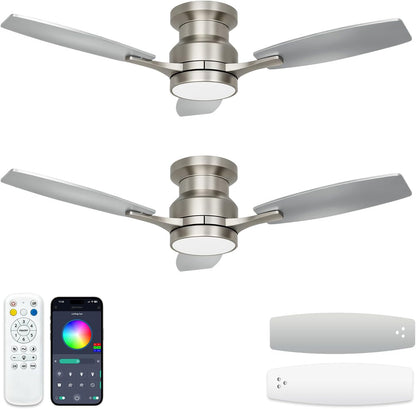warmiplanet 42 inch brushed nickel flush mount ceiling fan with RGB light, 2 pack