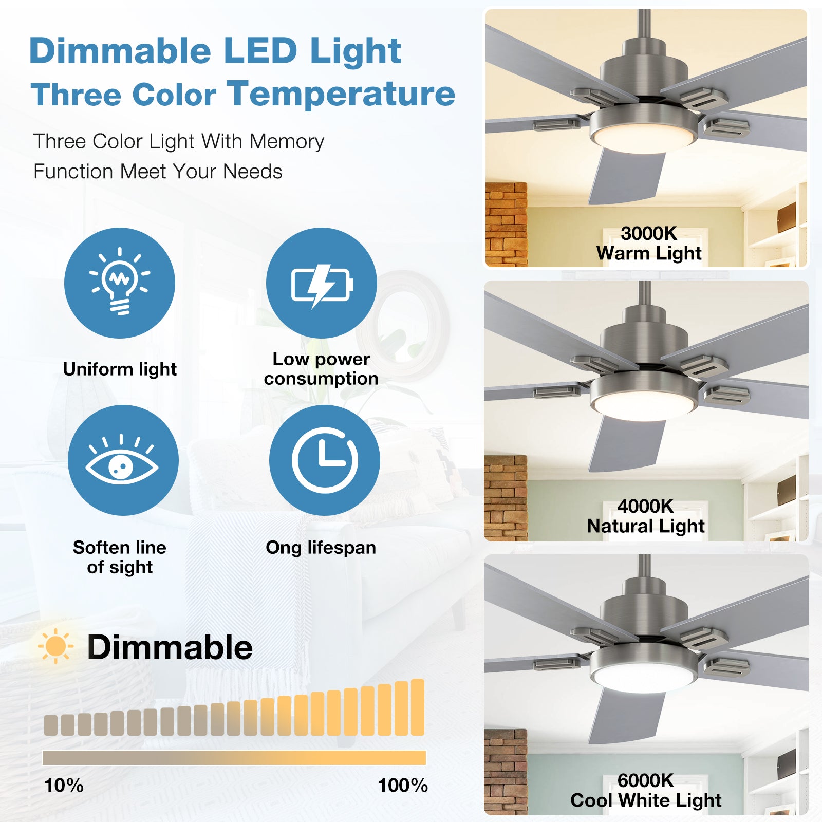 warmiplanet 62 Inch Indoor Ceiling Fans with Lights and Remote Control, DC Slient Motor, Dimmable, Reversible, Timmer, 3 CCT, Brushed Nickel