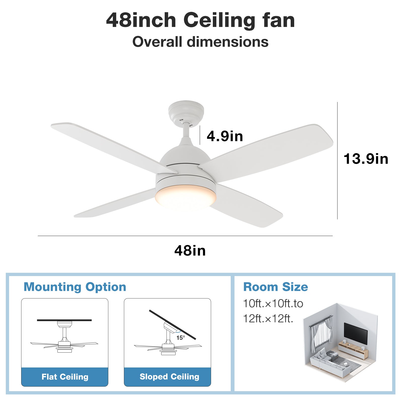 48” Breeze 4-Blades Ceiling Fan (Pure White)