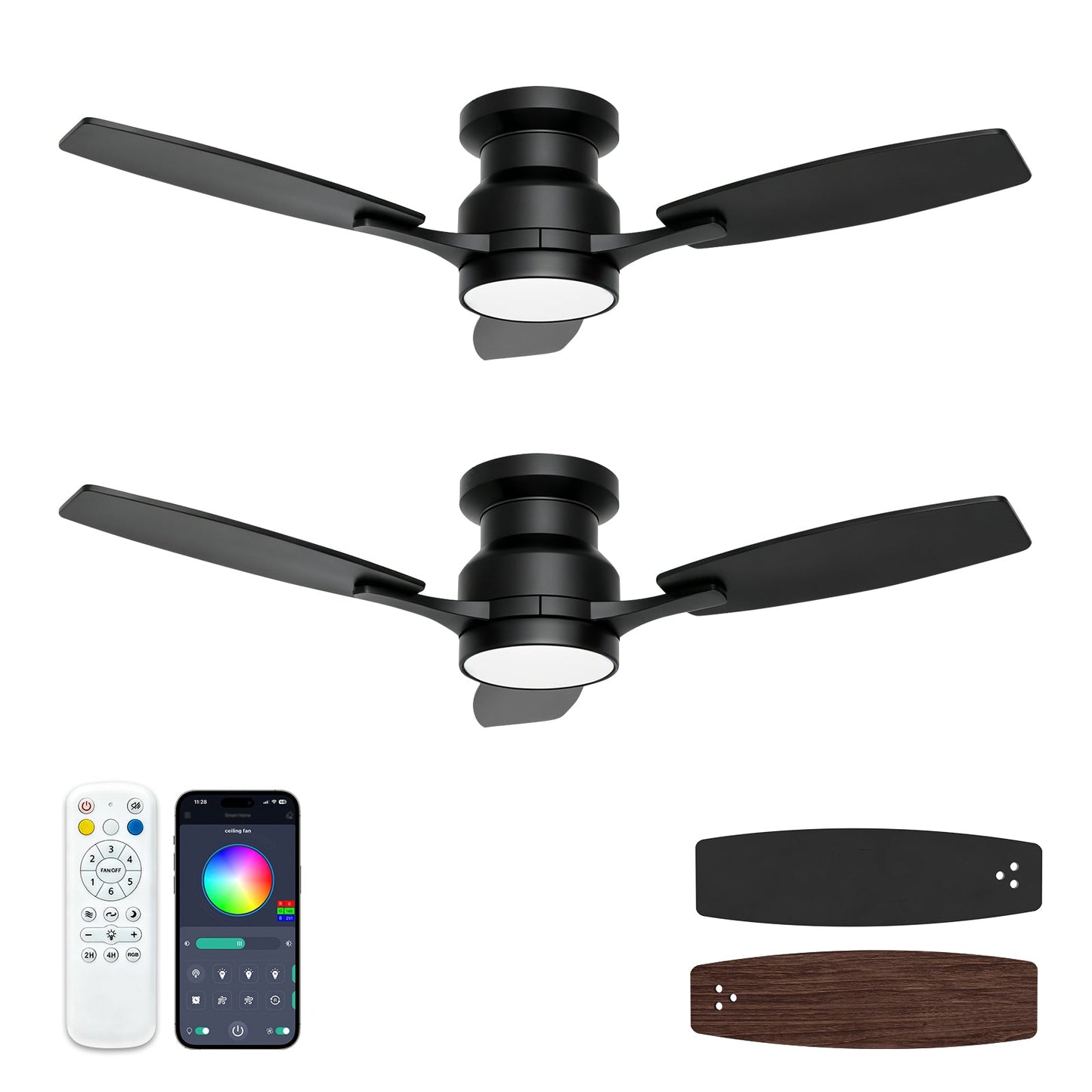Warmiplanet 42 inch black flush mount ceiling fan with RGB light, 2 pack