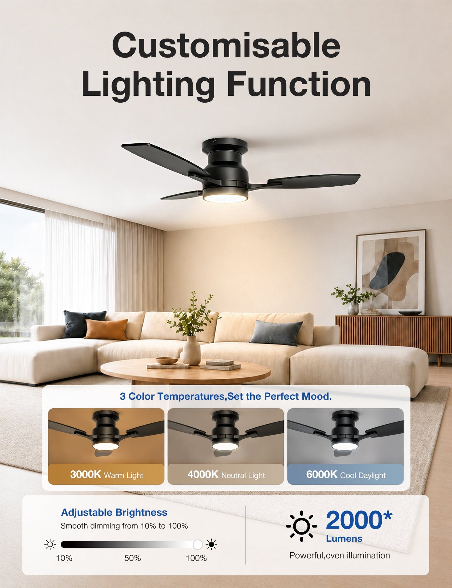 Warmiplanet black ceiling fan with dimmable 3000K 4000K 6000K LED light