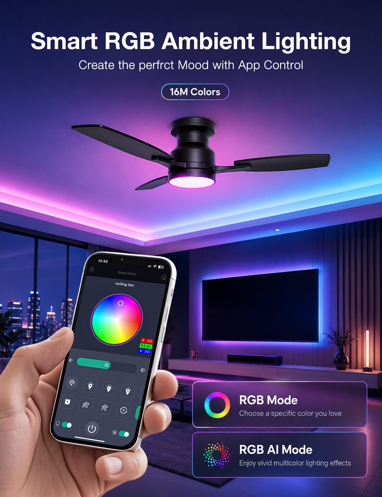 Warmiplanet black RGB ceiling fan with app controlled ambient lighting