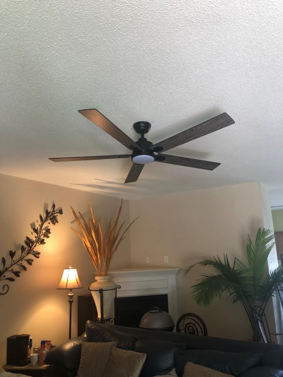 Close view of a customer-installed Warmiplanet brushed nickel ceiling fan