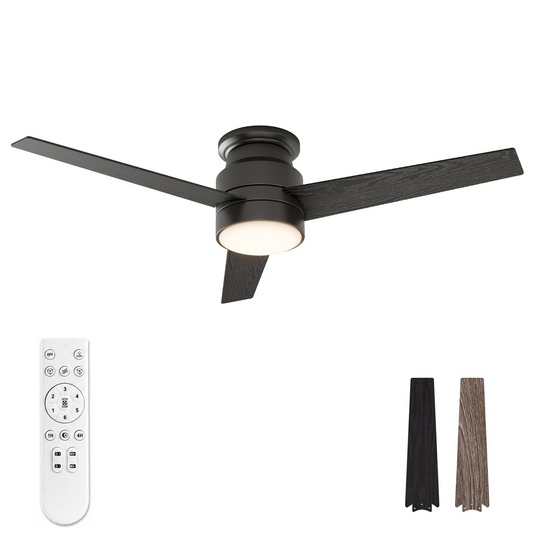 Warmiplanet WICF06-1 52-inch black flush mount ceiling fan with six-speed remote and reversible blade finishes