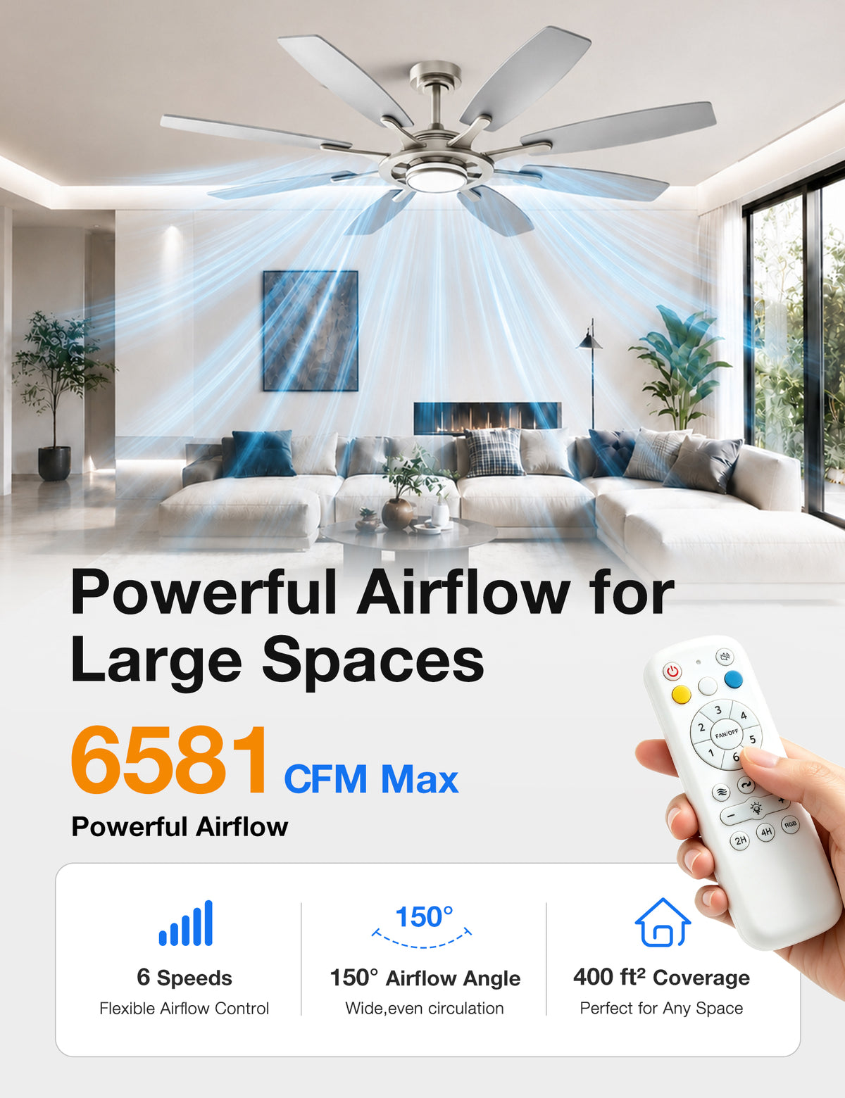 Warmiplanet WF02 62-inch brushed nickel 8-blade ceiling fan airflow