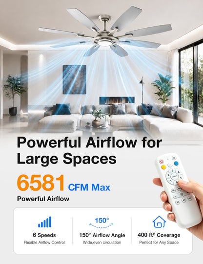 Warmiplanet WF02 62-inch brushed nickel 8-blade ceiling fan airflow