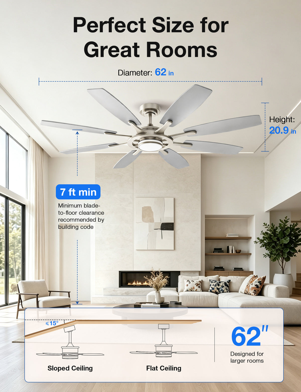 Warmiplanet WF02 62-inch brushed nickel 8-blade ceiling fan dimensions