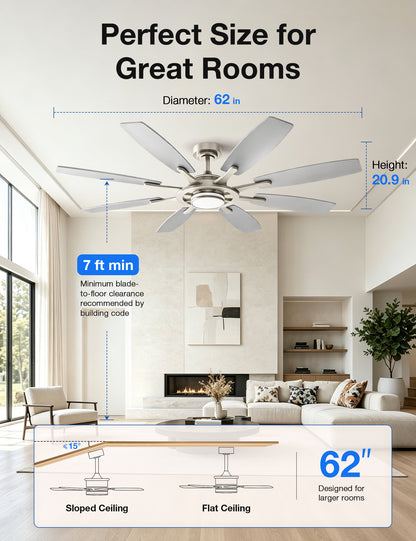 Warmiplanet WF02 62-inch brushed nickel 8-blade ceiling fan dimensions