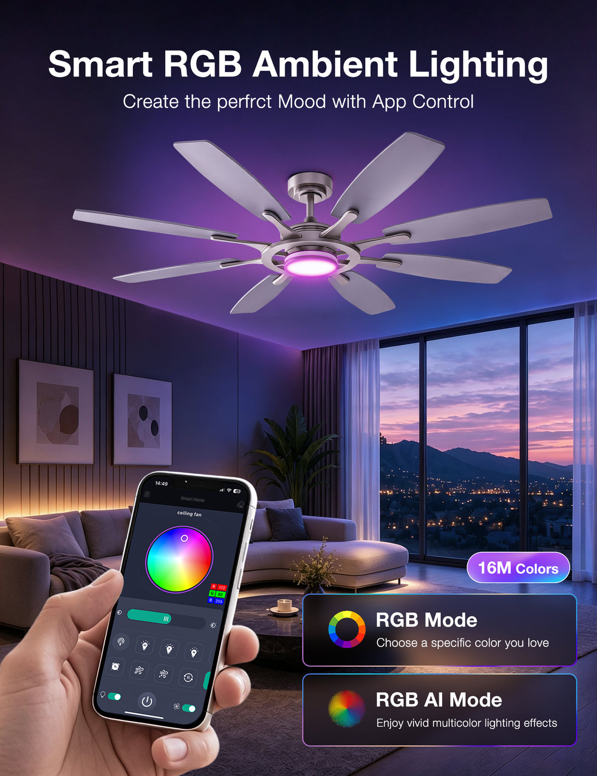 Warmiplanet WF02 62-inch brushed nickel 8-blade ceiling fan RGB light